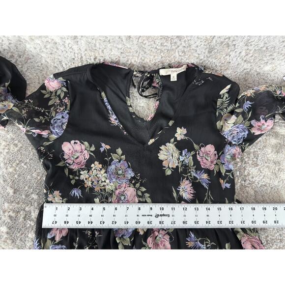NEW Rewind Size M Dark Floral Boho Keyhole Mini Summer Dress Black Long Sleeve - Picture 5 of 11